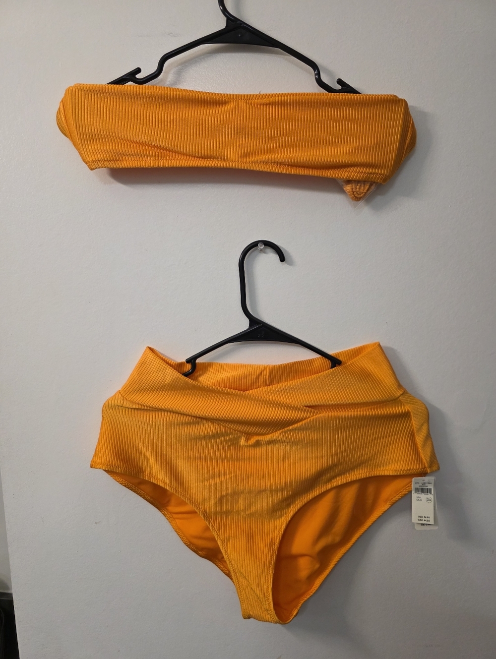 aerie Ribbed Bandeau Bikini Top & High Waist Bottoms in Bright Orange